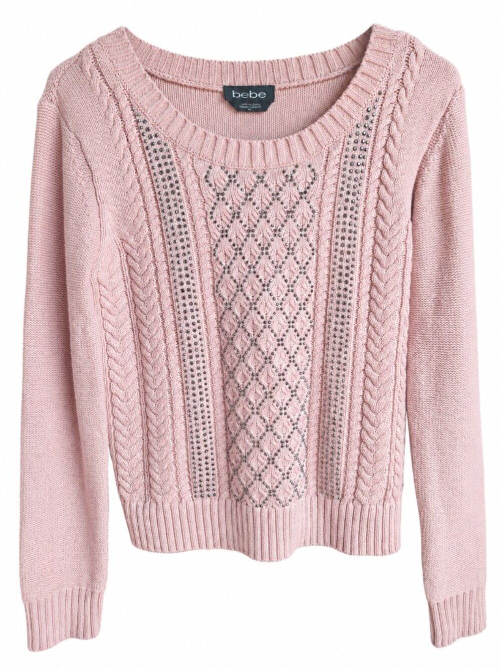 bebe Sz L Pink Cable Knit Sweater Rhinestone Beaded Coquette Glam